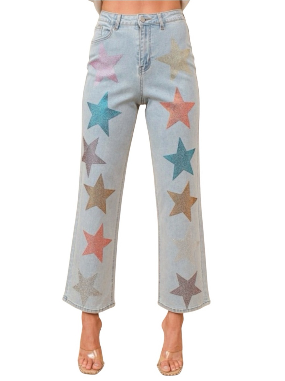 NEW blue b Multicolor Pink Gold Allover Rhinestone Star Denim Light Wash Jeans